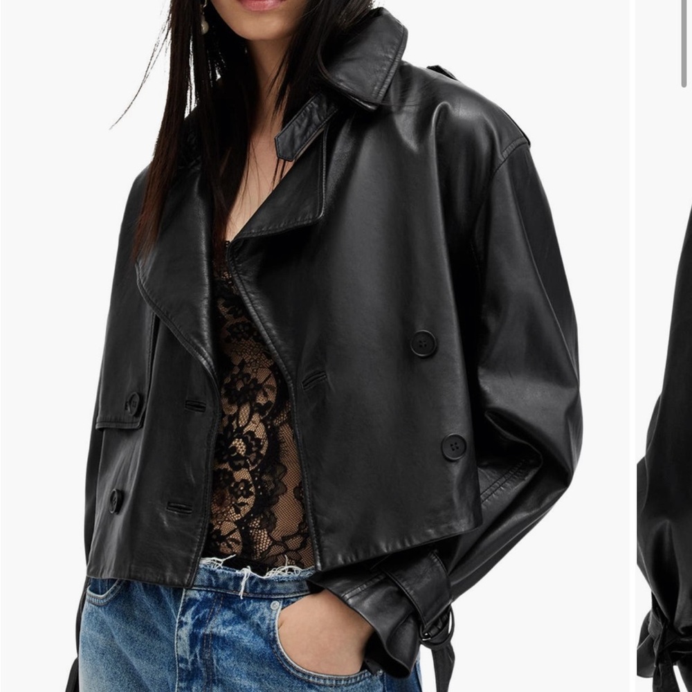 All Saints Black Cropped Leather Trench Jacket